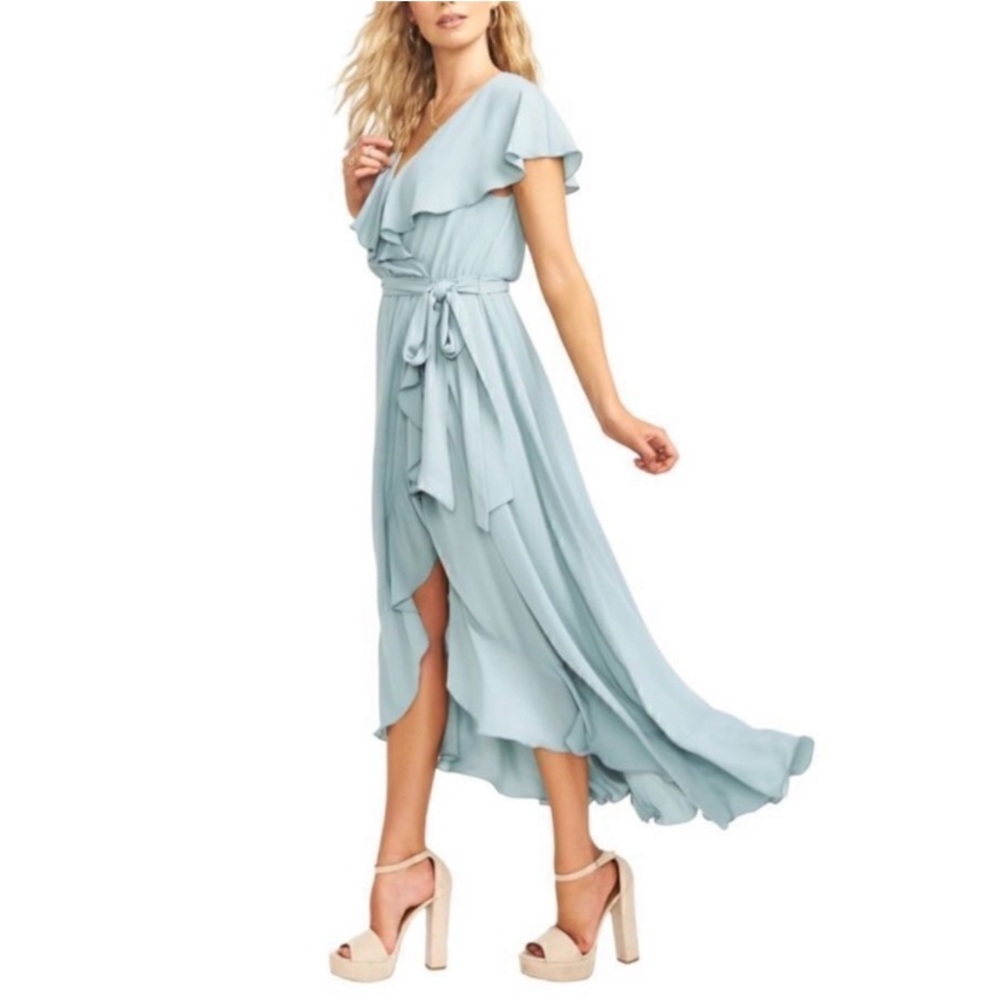 Show Me Your MuMu Pale Blue Jessie Ruffle Midi Wrap High-Low Dress